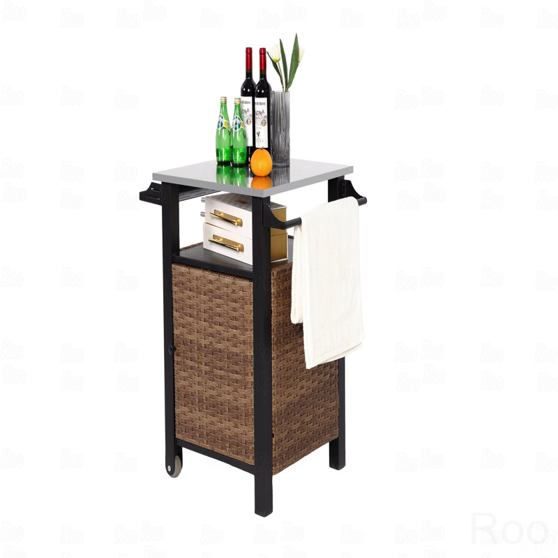 Chariot-bar à une porte, chariot de rangement pour îlot de cuisine en osier pour l'extérieur et armoire de rangement, roulettes et plateau de table allongé en acier inoxydable, poignée latérale