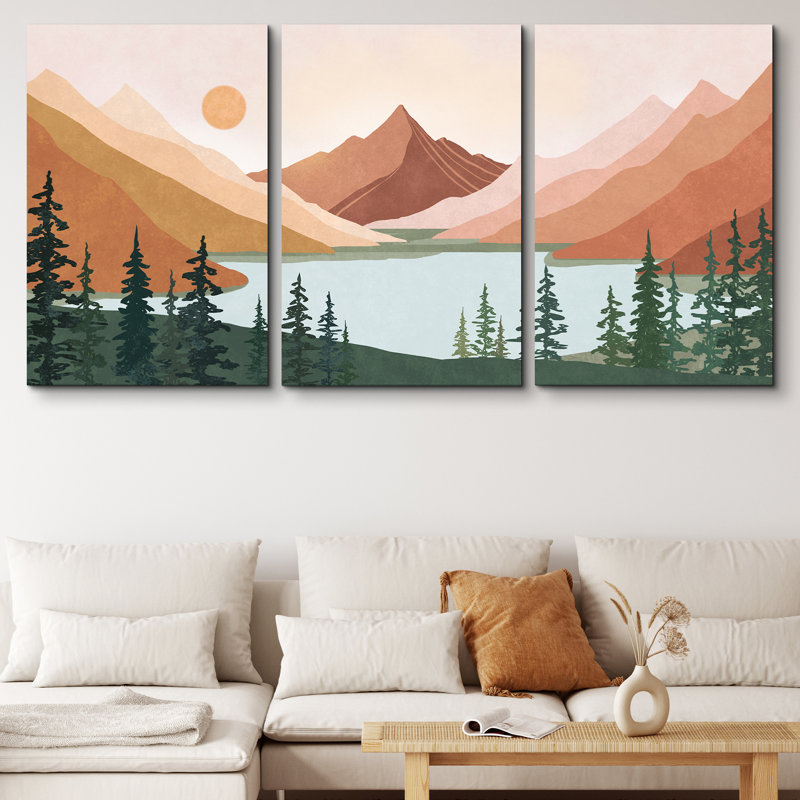 «Sun Mountain Landscape Forest Lake Abstract Minimal Nature Scene», reproduction d'art sur toile encadrée 3 pièces