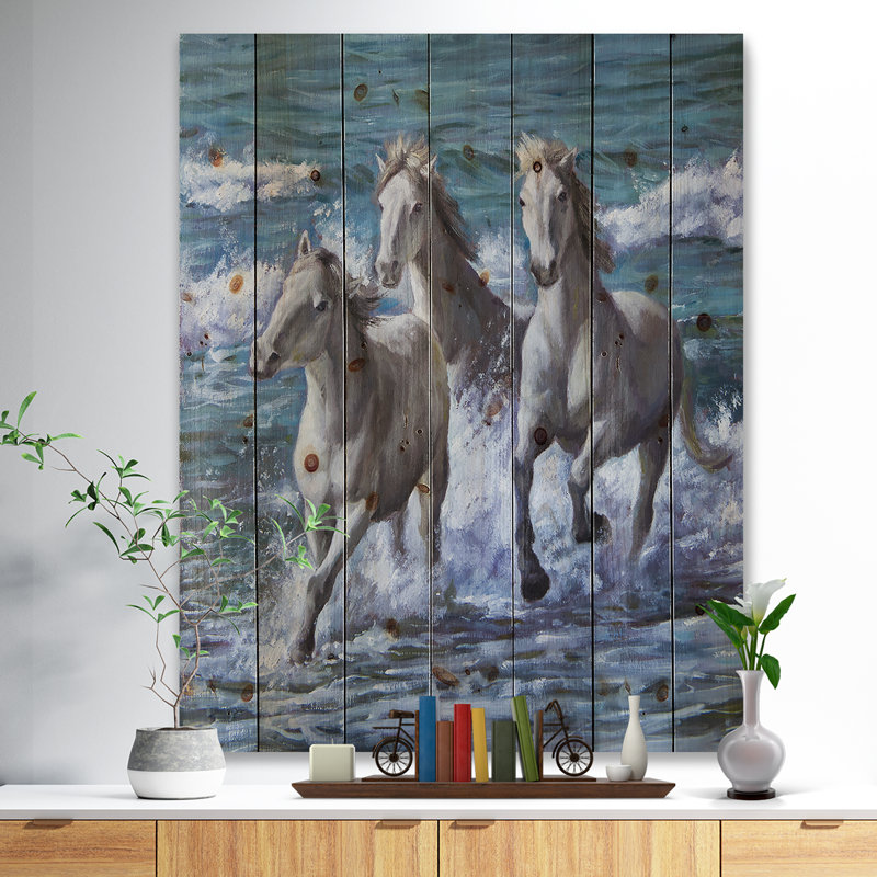 «Three Horses Courir en bord de mer», peinture, H 40 po x l 30 po x p 1,5 po, Bois