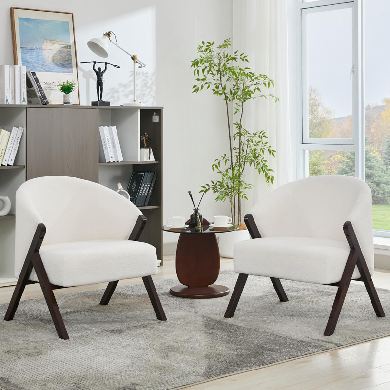 Accent Chair Mid Century Modern Chair Linen Teddy Fabric Living Room Chairs with Wood Frame Comfy Upholstered Reading Side Chair Easy Assembly for Bedroom
