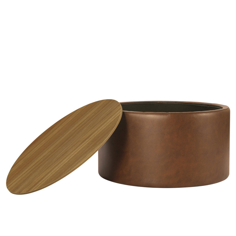 Repose-pieds avec rangement Mesy, plateau rond relevable de 30 pouces, similicuir brun