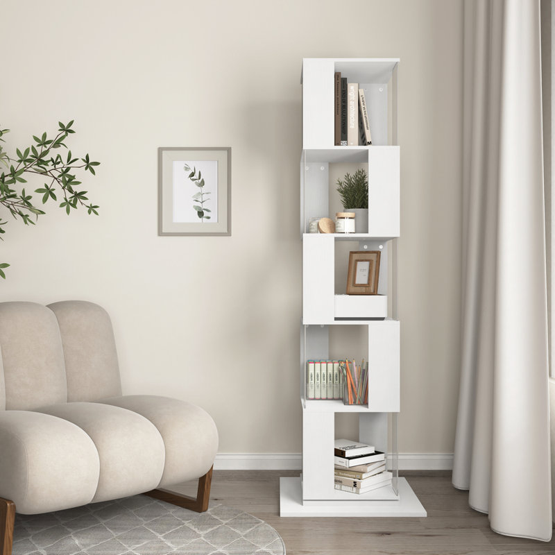 5-tier 360° Rotating Bookshelf With Wood Veneer & Acrylic Shelves – Anti-toppling Base For Home & Students