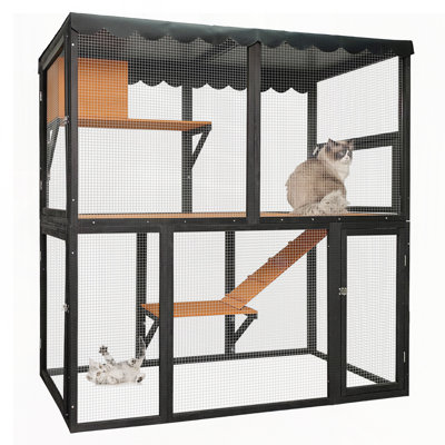 Large Wooden Catio Outdoor Cat Enclosure with Waterproof Cover - 4 Tier Cat House for Multiple Cats with Ramp, Indoor/Outdoor Cat Playpen