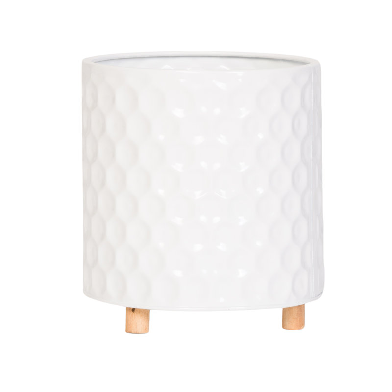 Pot à fleur en métal Mid Century, H 8,75 po x l 8 po x P 8 po, Blanc