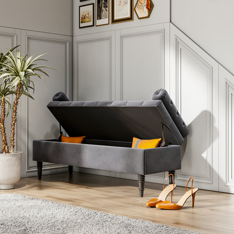 Ethelsville Upholstered Flip Top Storage Bench with Side Arms, Grey Velvet