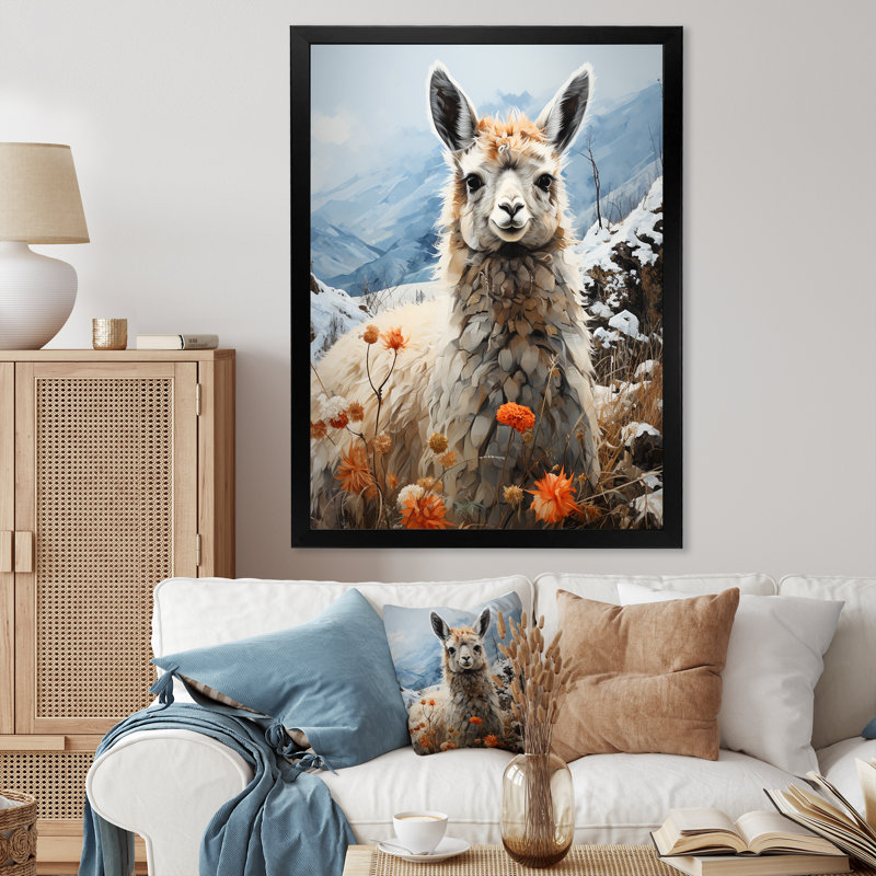 Paysage de lama en hiver - Décoration murale animaux, Cadre photo noir, H 32 po x l 24 po x P 1 po
