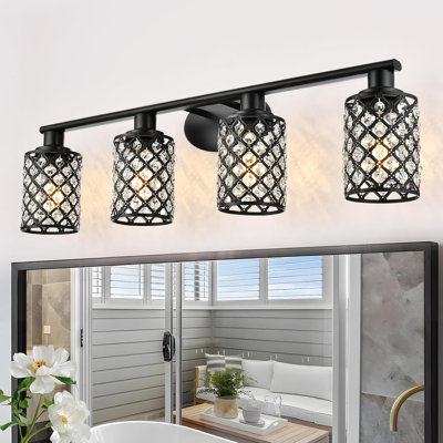 Luminaire de meuble-lavabo moderne avec détails en cristal, conception en métal noir à 4 lumières pour installation sur miroir