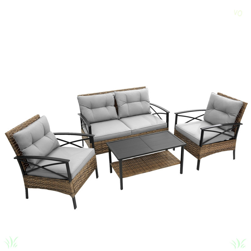 Ensemble de canapé de conversation modulaire à patio 4 pièces avec canapé d'extérieur KD Rattan Wicker, Gris
