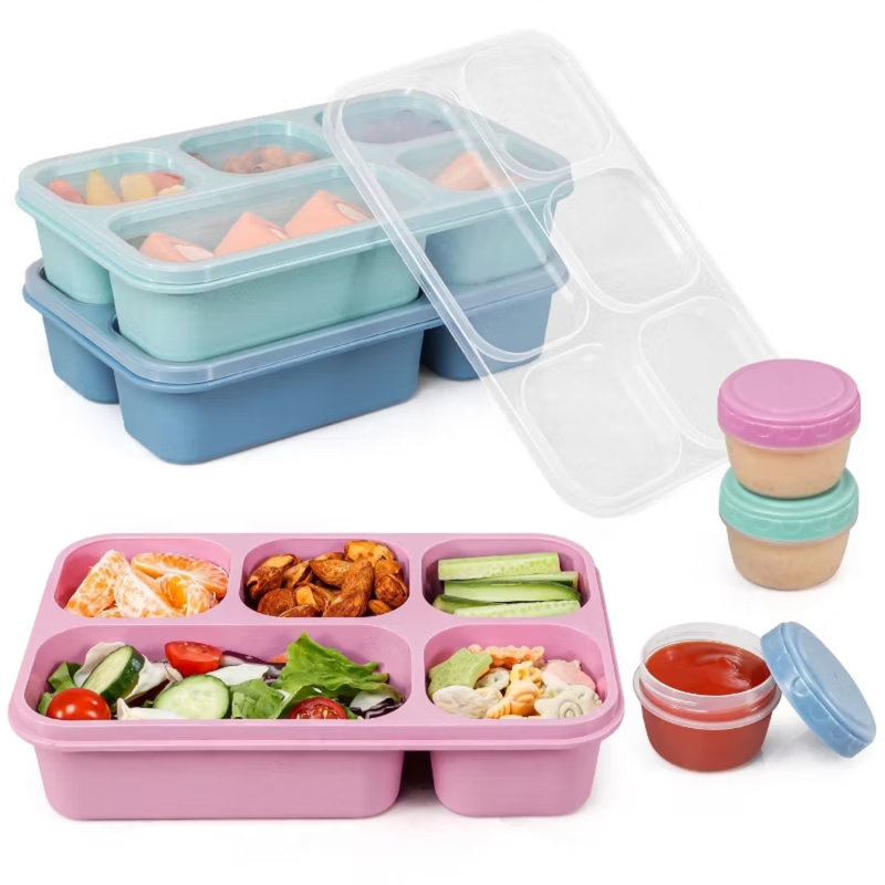 Contenants à collation et à déjeuner à 5 compartiments, paquet de 3 1300 ml avec 3 contenants à sauce, paille de blé allant au lave-vaisselle pour l'école de travail