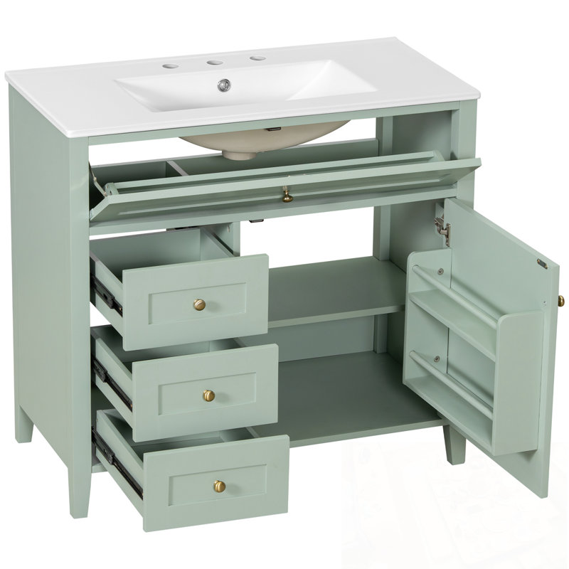 Meuble-lavabo avec lavabo, 3 tiroirs et tablette réglable, Vert