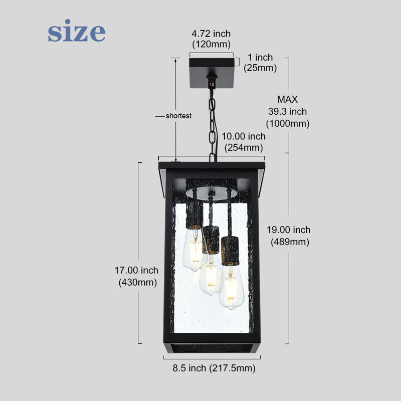 Modern Industrial Black Outdoor Pendant Light With Seeded Glass Panels, 3-Light Exterior Hanging Lantern With Adjustable Chain For Porch, Patio, Entryway And Gazebo, Weather-Resistant Farmhouse Ceiling Lighting Fixture In Matte Black Finish