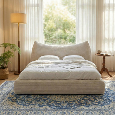 Upholstered Cloud Bed Frame with 9.4" Thickened Detachable Headboard, Boucle Platform Bed Frame with Rounded Corner Design, Easy Assembly