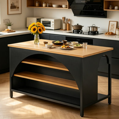 Îlot de cuisine 55 po, table de préparation de rangement ouverte à 3 niveaux, structure en bois et métal, pieds réglables pour la cuisine et la salle à manger