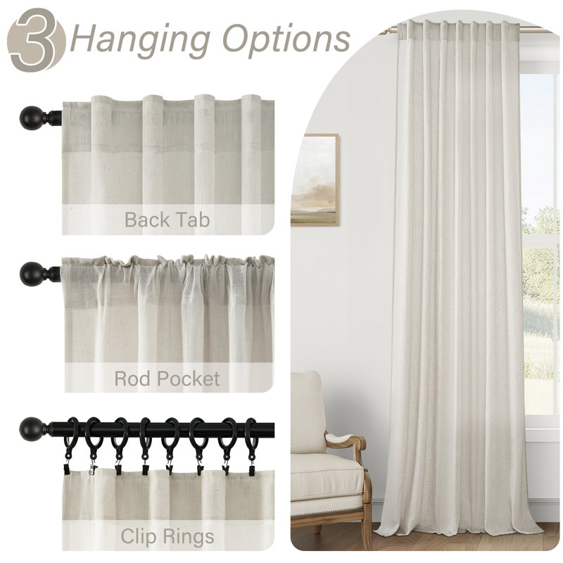 Dennan Linen Curtain Rod Pocket Back Tab,Linen Semi Sheer Curtains for Bedroom, 50" W x 96" L, Gray Beige