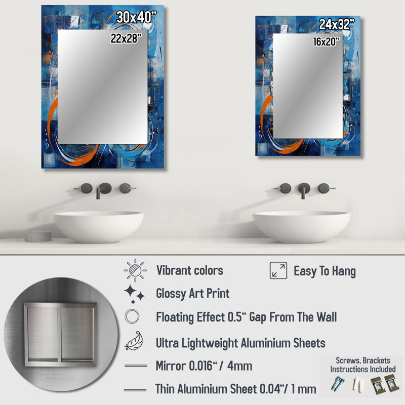 Orange And Blue Geometric Equilibrium III - Geometric Large Wall Mirror, Modern Decorative Mirror, Printed Metal Art