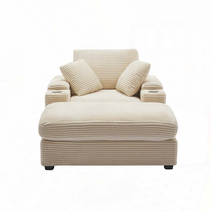 Upholstered Chair with Ottoman,Cupholders,Detachable Cushions Deep Seat, Beige Corduroy