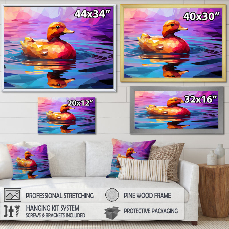 Canard jaune sur un lac mauve - art mural canard, Cadre flottant brun, H 24 po x l 32 po x P 1 po