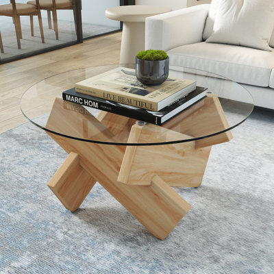 Table basse ronde en verre trempé avec pieds en panneau de fibres à densité moyenne pour le bureau de la chambre à coucher du salon