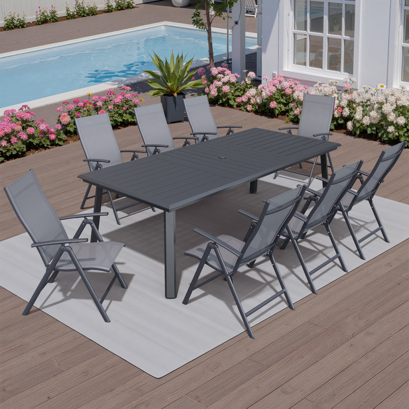 8 - Person Outdoor Dining Set with Adjustable Folding Chairs and Umbrella Hole, Black/Gray