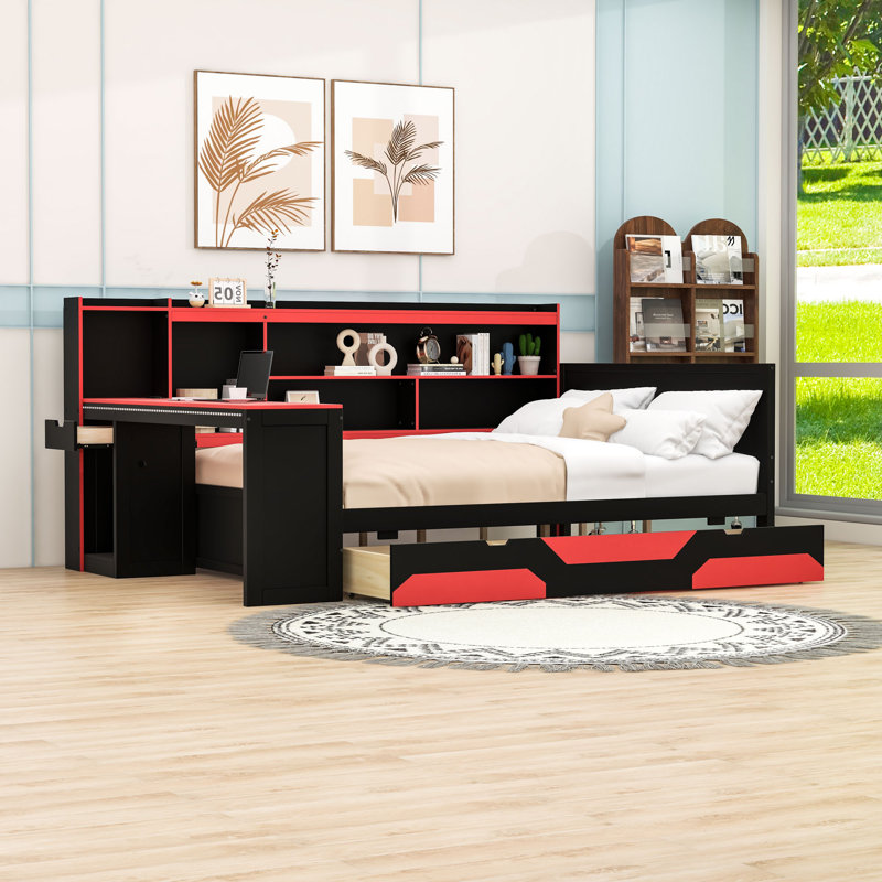 Wood Daybed with Desk and Drawers,Shelves, Queen, Black/Red