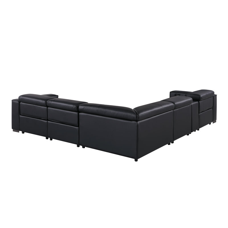 Luxurious Genuine Leather 6-Piece Sectional With 3 Power Reclining Seats & Power Headrest, Black
