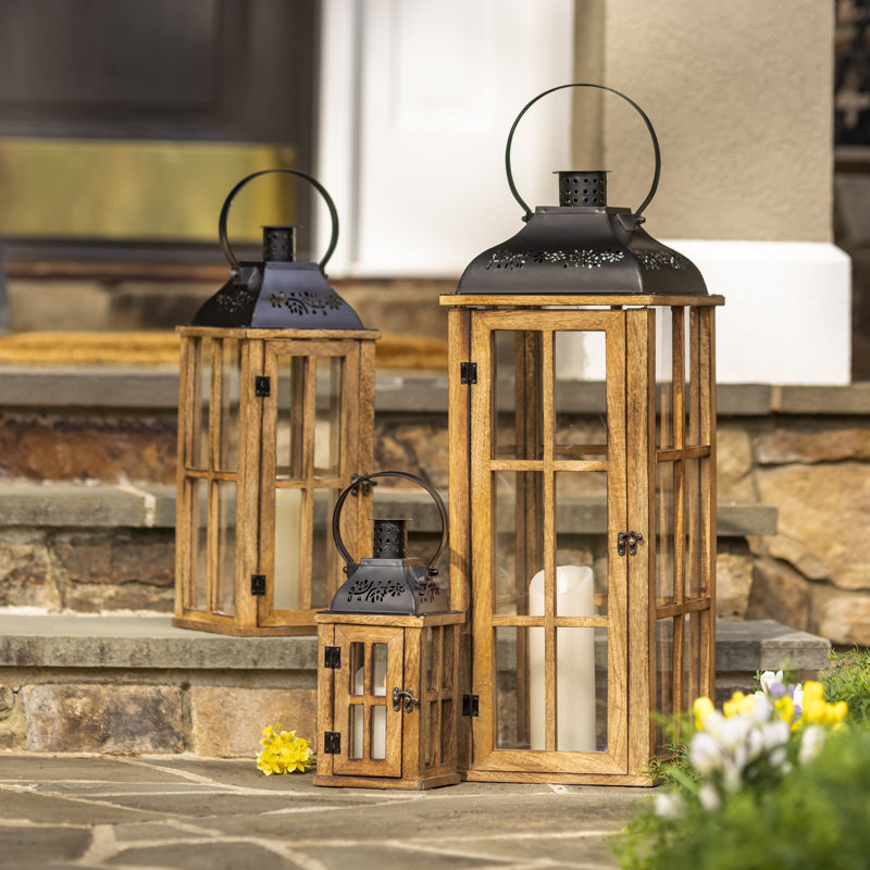Lanterne imbriquée en bois de manguier avec plateau noir, ensemble de 3