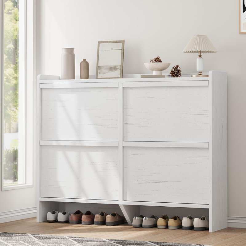 Slim Shoe Storage Cabinet with 4 Flip-Down Drawers, Adjustable Shelves & Wooden Handle, Entryway Organizer with Anti-Tip Kit, White