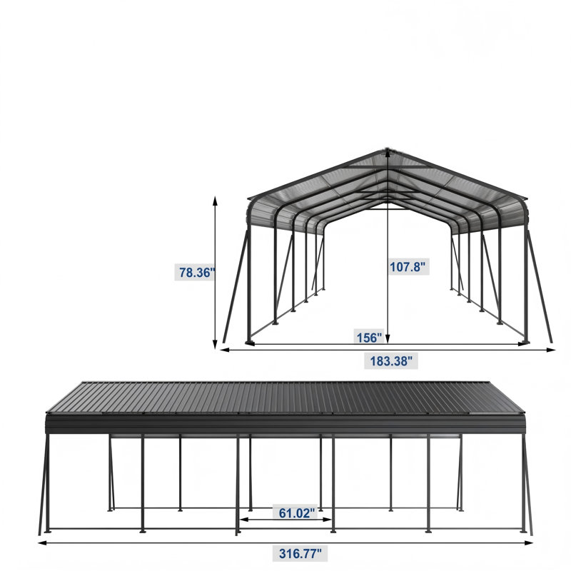 Metal Carport Sized 13 by 26.5 Feet, Heavy-Duty Construction with a Galvanized Steel Roof, Metal Garage Canopy Including Galvanized Steel Roof and Framework, Outdoor Storage Tent Suitable for Automobiles, Boats, and Trucks, Finished in Gray