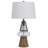 Leya Table Lamp, Lantern Style Glass Base, White Fabric Shade