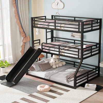 Twin over Twin over Full Bunk Bed with Slide, Metal Triple Bunk Bed with Safety Guardrails, Heavy-duty Bunk Bed with Noise-reduced Design, Black