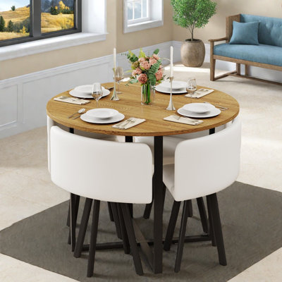 Ensemble de table de salle à manger moderne 5 pièces, panneaux de fibres à densité moyenne à grain de bois et chaises en polyuréthane blanc, peu encombrant pour la cuisine