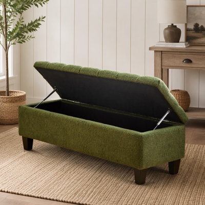Banc repose-pieds avec rangement, surface bouclée verte, pieds en bois d'hévéa, capacité de 300 lb