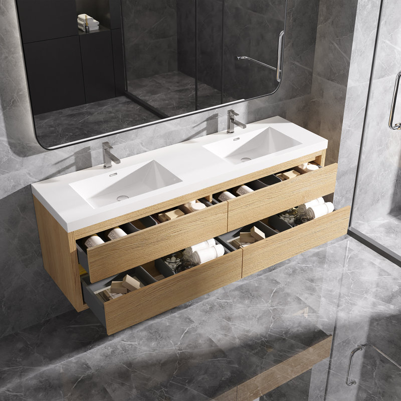 Meuble-lavabo mural flottant avec double surface de comptoir en blanc, 72", Brun