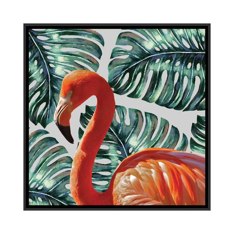 « flamant rose », impression sur toile, H 18 po x l 18 po x P 1,5 po, Toile avec cadre noir, Pas de tapis