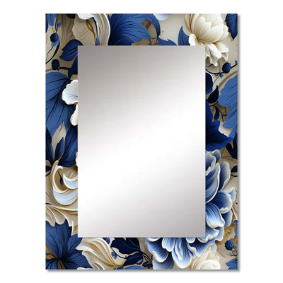 Chrishelle Victorian Cobalt Blue Foliage Victorian Pattern - Floral Mirror, Cottage Decorative Wall Mirror, Printed Metal Art