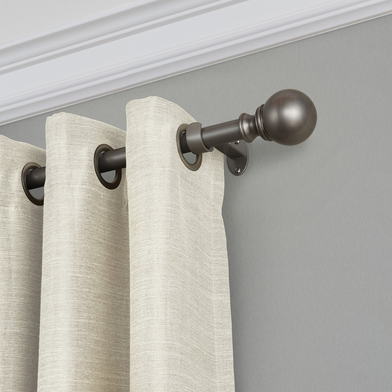 Darion Adjustable Single Curtain Rod with Globe Ball Finial, Antique Pewter, 2.5" H x 48" W x 5" D
