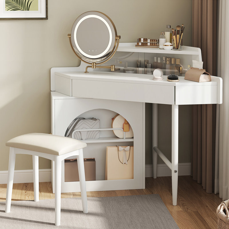 Bureau de coin de meuble-lavabo avec miroir à DEL, conception pivotante et armoire de rangement