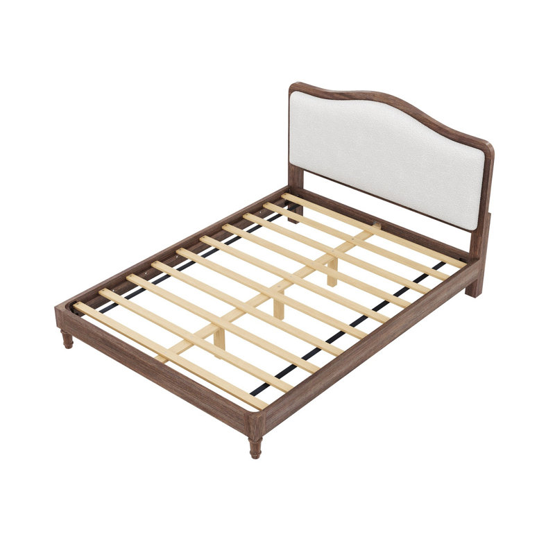 Grand lit plateforme avec tête de lit tapissier, structure grise et tissu blanc