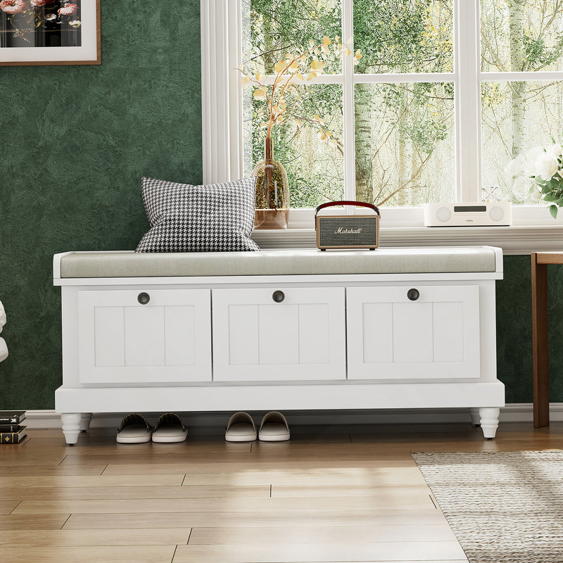Classic Storage Bench With Cushioned Seat And Three Drawers For Entryway And Living Room, White