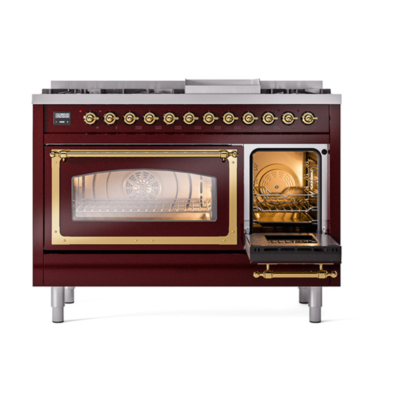 ILVE UN48FNMPEGG Nostalgie II Noblesse 48 inch Dual Fuel Range (8 Sealed Burners + Griddle, Triple Glass Door), Brass
