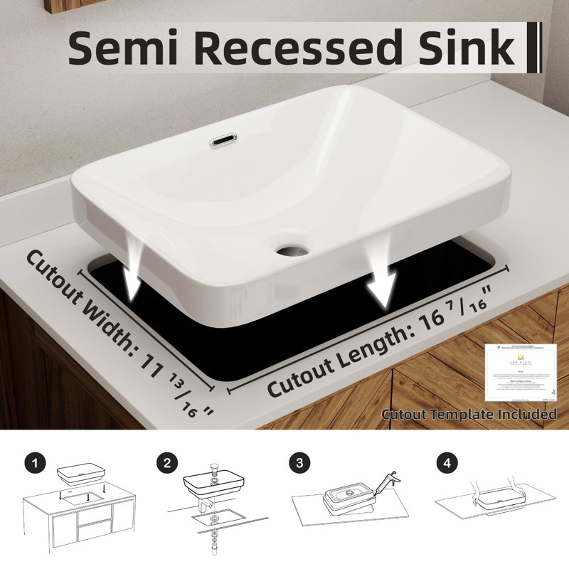 Lavabo de salle de bain vasque rectangulaire semi-encastré avec trop-plein Los Flexi, 6.3" H x 14.37" W x 20.28" D