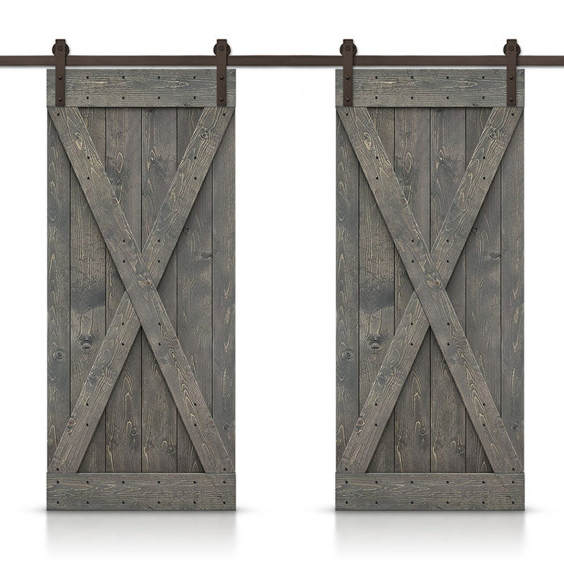 Porte de grange en bois massif lambrissé et métal, Gris patiné, 48 po x 84 po