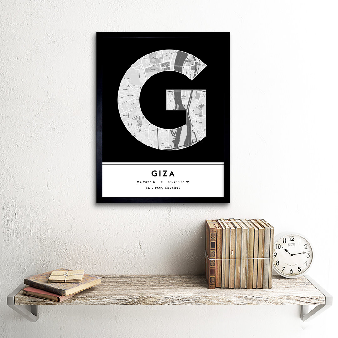 Giza City Map Giza Black & White by Wee Blue Coo - Single Picture Frame Typography