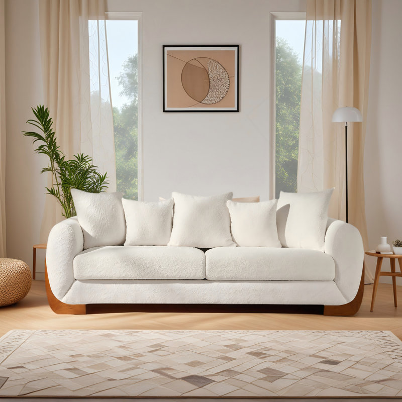 Modern Elegant Design 3 Seater Sofa With Wooden Legs, Comfortable Lambswool 5 Pillows For Living Room, Bedroom, Apartment, Beige