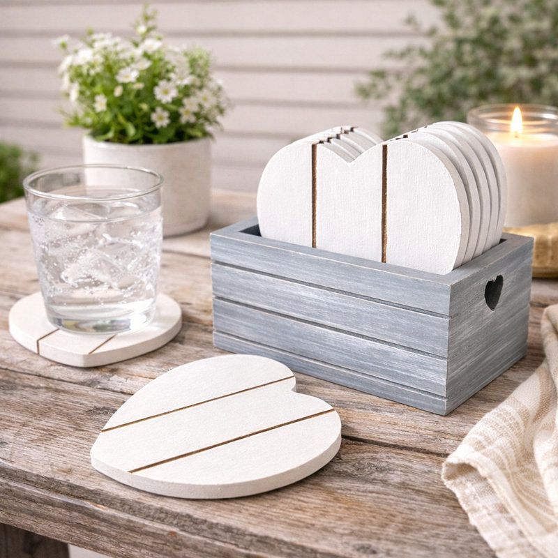Wood 6 Piece Coaster Set With Holder
