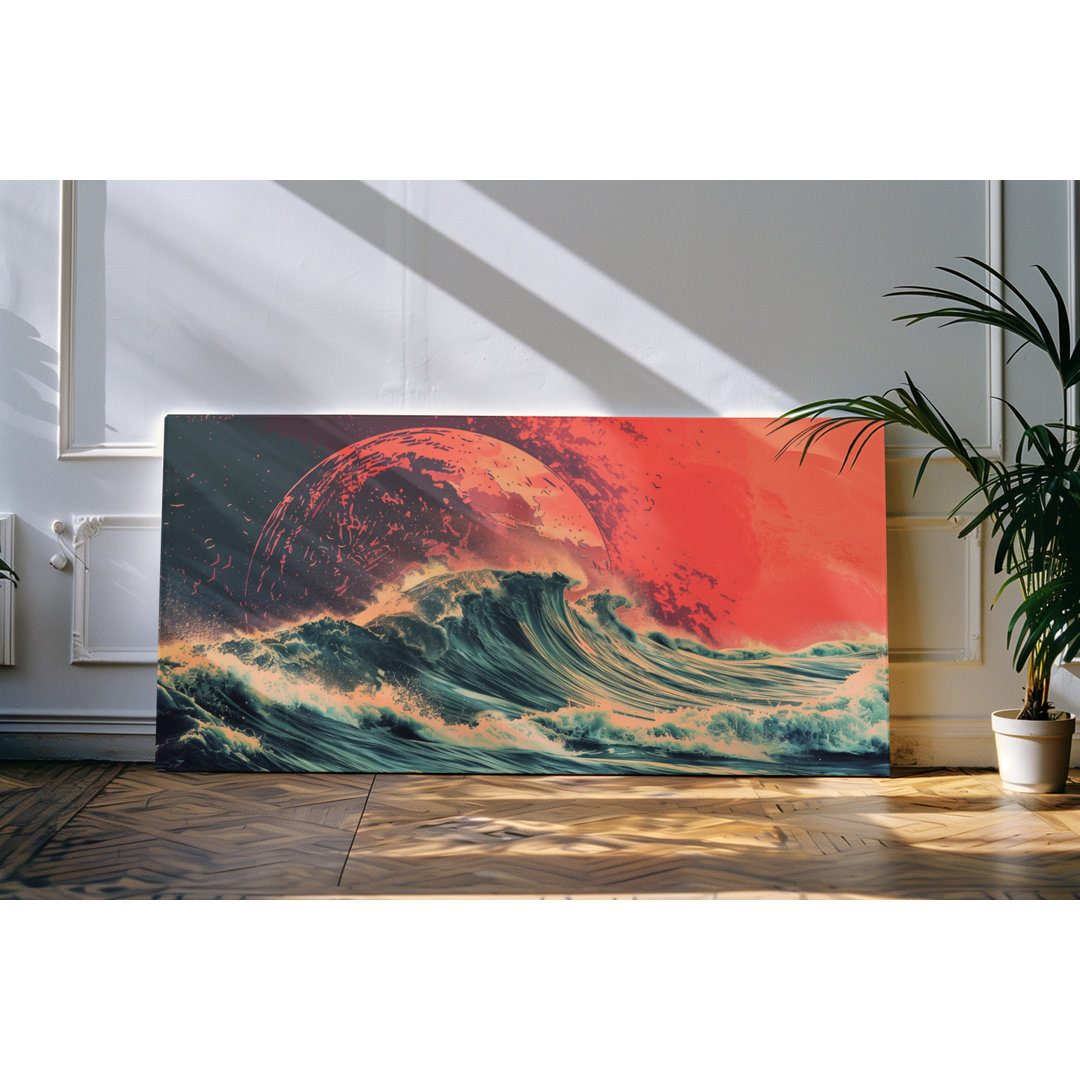 Leinwandbild gerahmt 120x60cm Wellen Ozean Vollmond Kunstvoll Rot Sturm