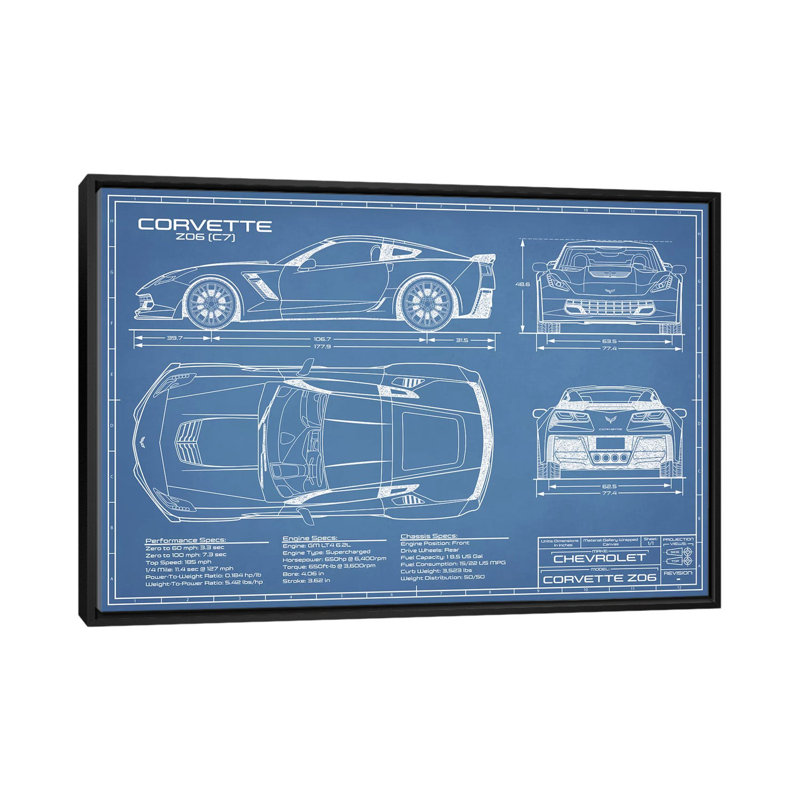 Corvette (C7) Z06 Blueprint - reproduction de dessin sur toile, Pas de tapis, H 26 po x l 40 po x 1,5 po