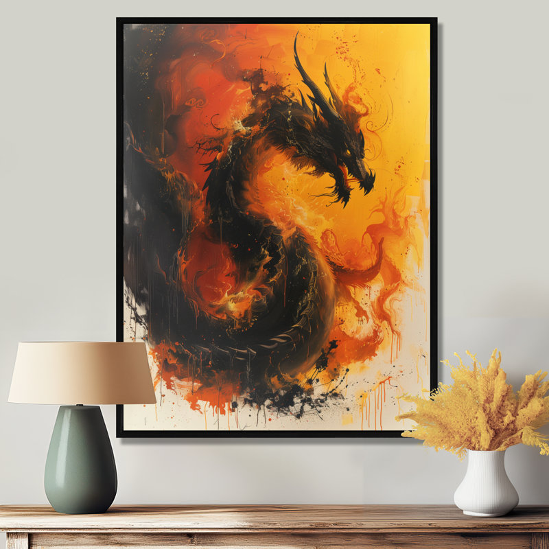 Décoration murale dragon orange et jaune braises brûlantes II - Dragons, Toile avec cadre flottant noir