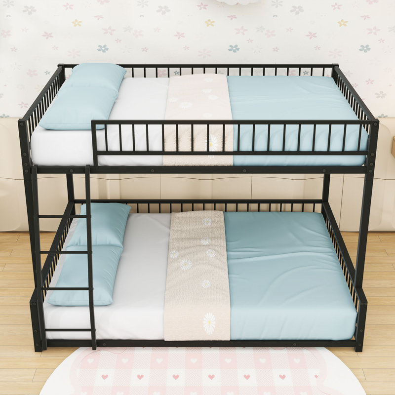 Metal Bunk Bed Frame With Guardrails, Black, Full XL Over Queen