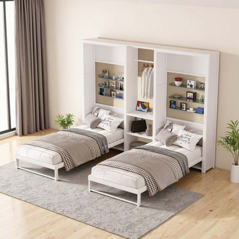 Lit escamotable simple et simple en métal avec garde-robe, tablettes de rangement et prises de courant intégrées, conception 2 en 1 compacte, L 112,5 po x l 82,8 po x H 82 po
